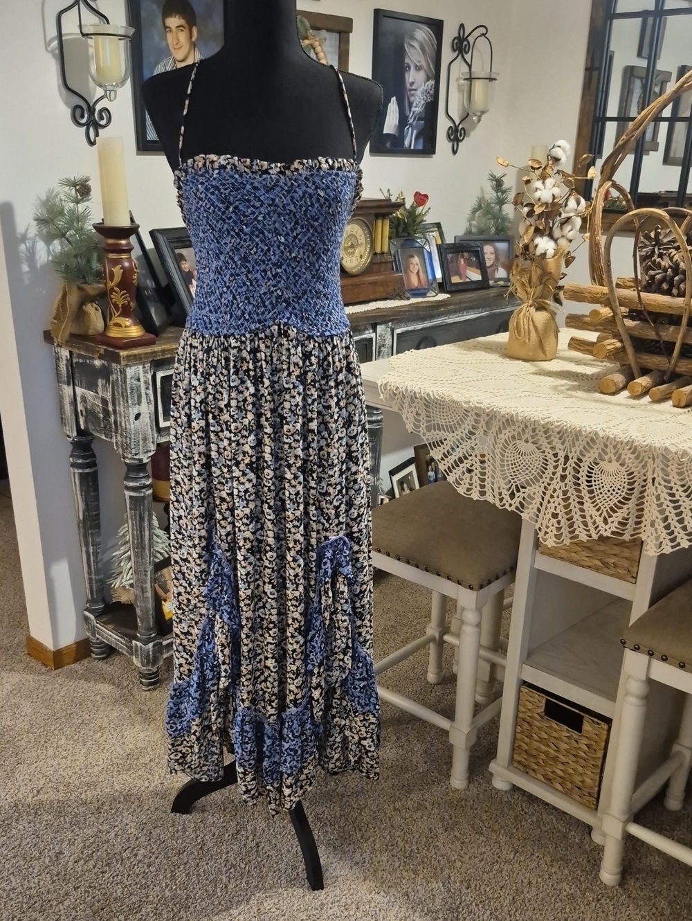 Free People Blue and Cream Floral Smocked Maxi Dress
